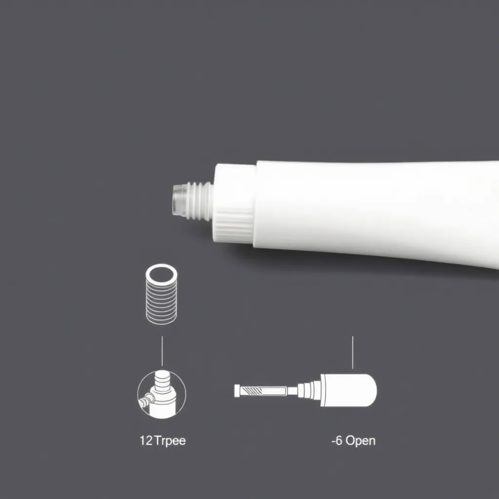 Blue recyclable cosmetic tube with technical diagrams showing cap, tube thread, and open tail components