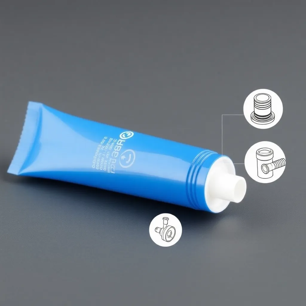 Blue recyclable cosmetic tube with technical diagrams showing cap, tube thread, and open tail components