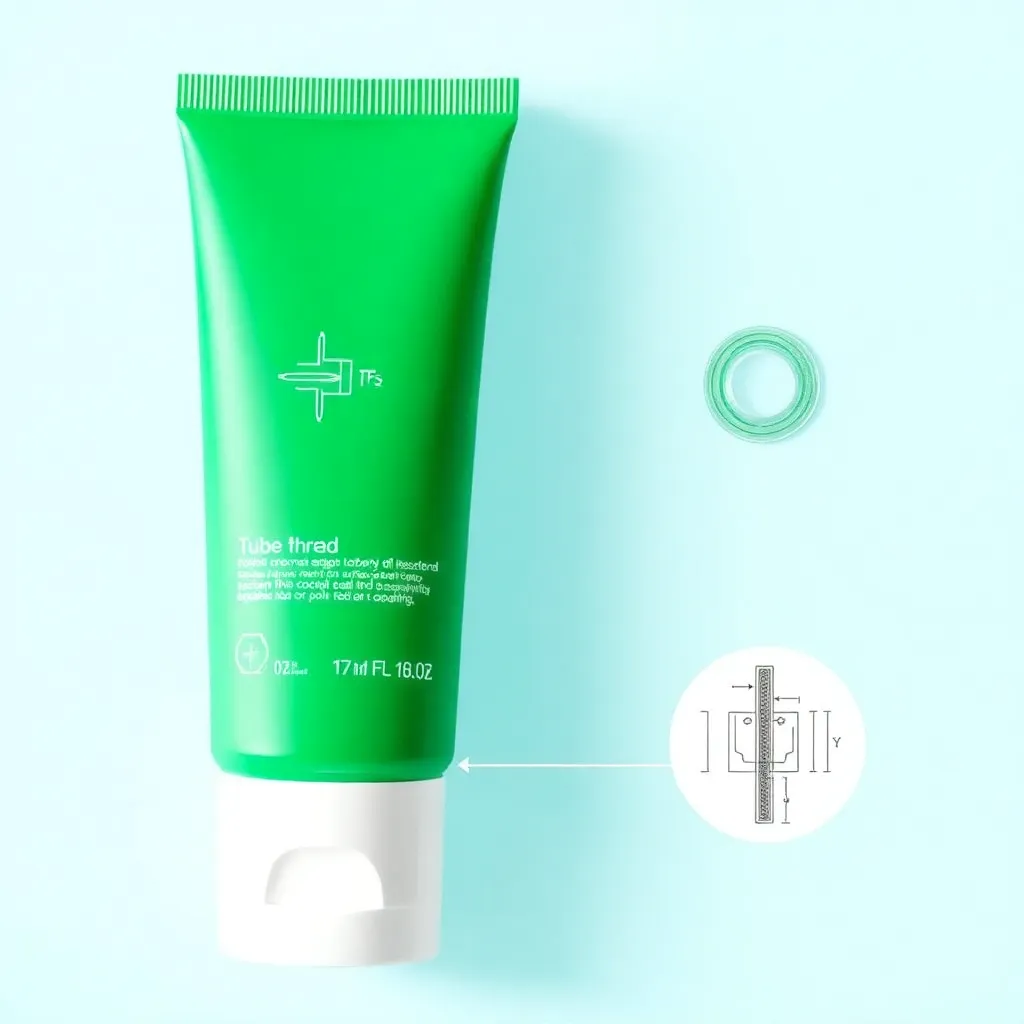Blue recyclable cosmetic tube with technical diagrams showing cap, tube thread, and open tail components