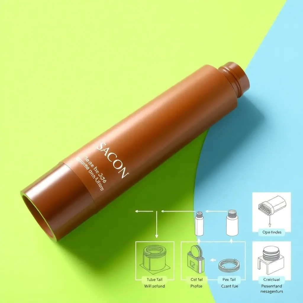 Blue recyclable cosmetic tube with technical diagrams showing cap, tube thread, and open tail components