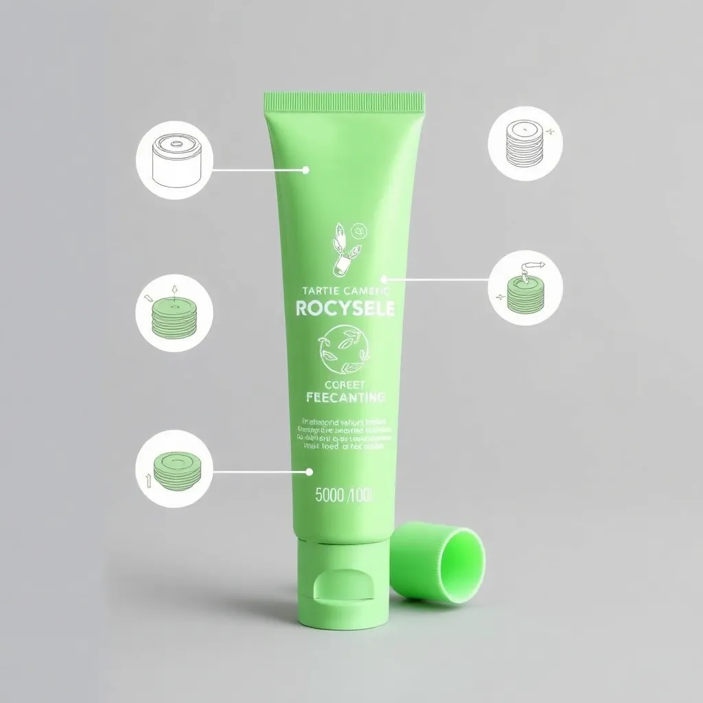 Blue recyclable cosmetic tube with technical diagrams showing cap, tube thread, and open tail components
